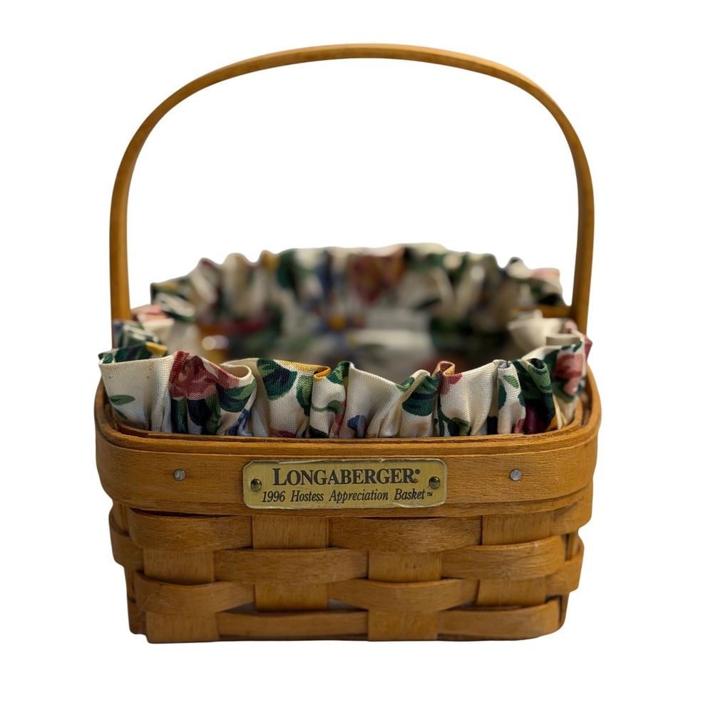 VTG Longaberger Hostess Appreciation Basket Brown Woven Floral Fabric Liner 1996